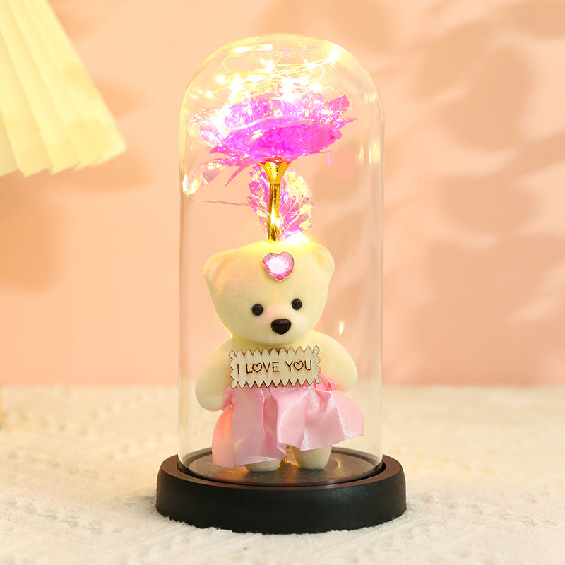Enchanted Rose & Teddy Bear in Glass Dome with LED Lights - I Love You" Gift(blue)"