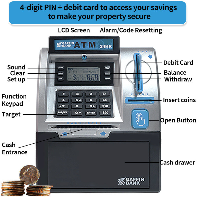 Kids ATM Savings Bank - Electronic Piggy Bank with Debit Card, PIN(Gold)