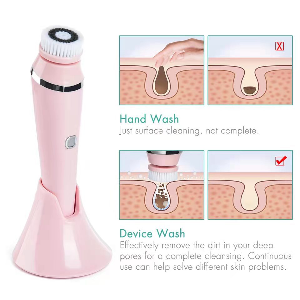 4-in-1 Electric Facial Cleansing Brush & Massager - IPX6 Waterproof, 3 Speeds, Bi-Directional Spin, USB Rechargeable(Pink)