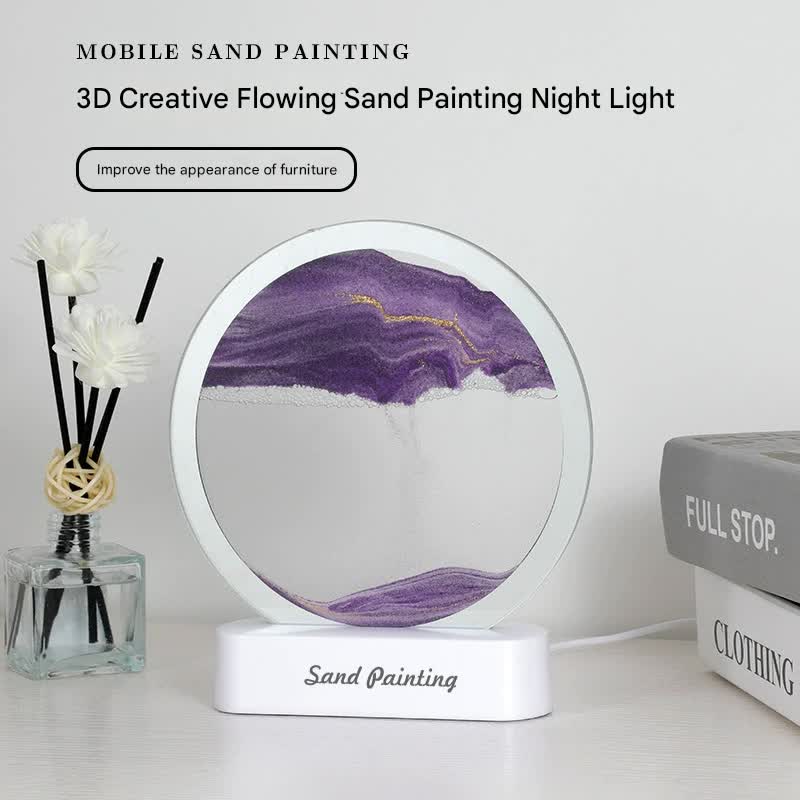 Moving Sand Art Picture with LED Night Light Base - USB Powered, Relaxing Desktop Decor(Purple)