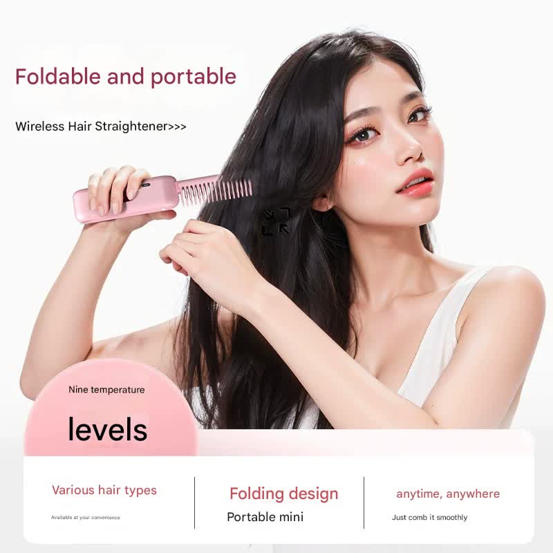 Foldable Wireless Hair Straightener Comb - 9 Temperature Settings, Anti-Scald, USB-C Rechargeable(yellow)