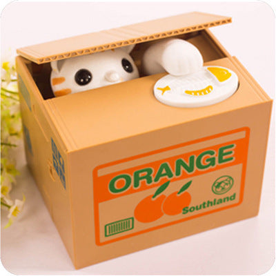 Adorable Cat Stealing Coin Piggy Bank - Automatic Money Saving Box for Kids & Adults(Orange and white cat)