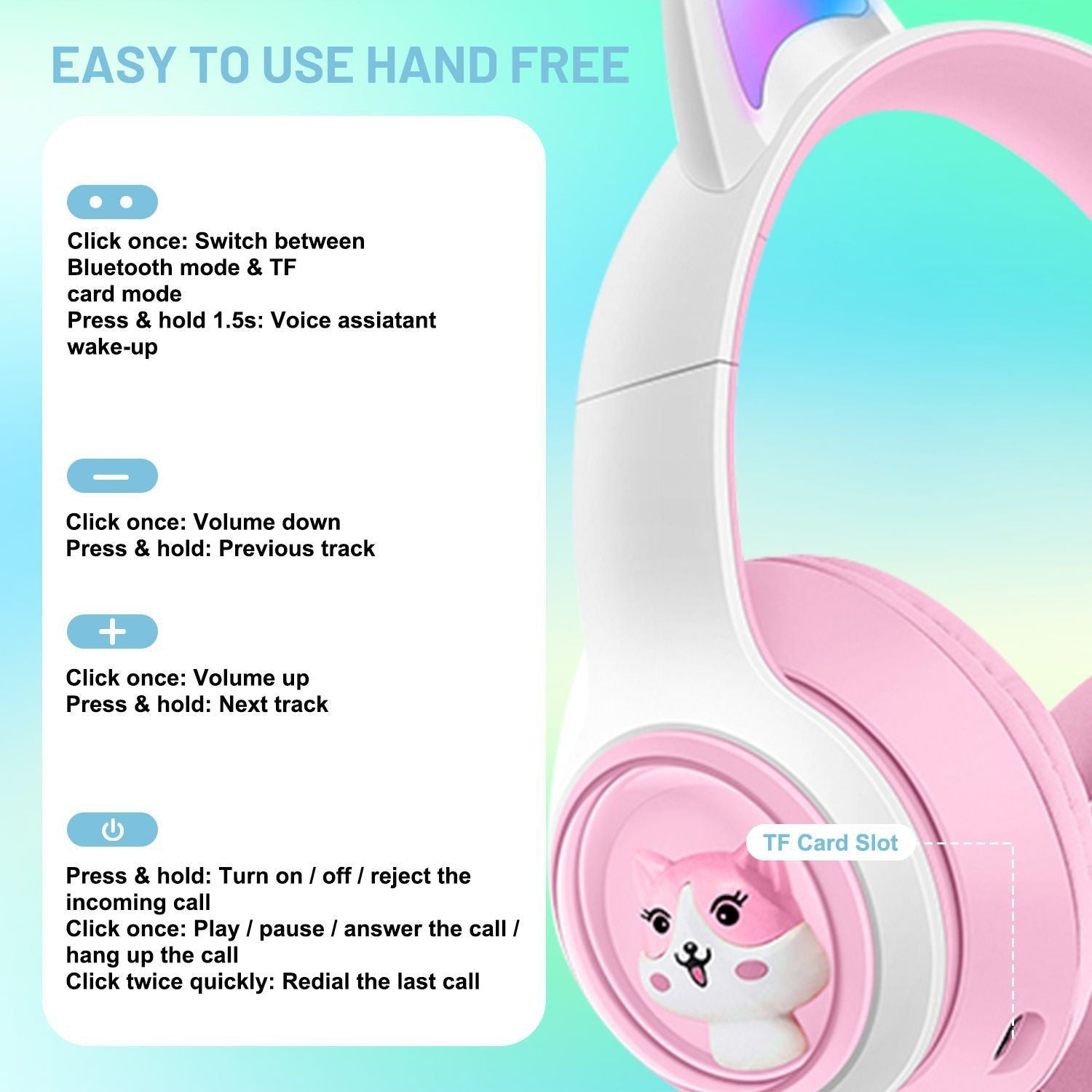 Cute Cat Ear Wireless Headphones - BT5.3, LED Lights, TF Card Slot, Soft Protein Padding(Blue)