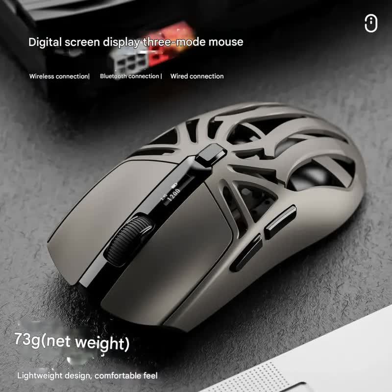 Tri-Mode Wireless Gaming Mouse - 1KHz Polling, 10000 DPI, Digital Display, Lightweight 73g(grey)