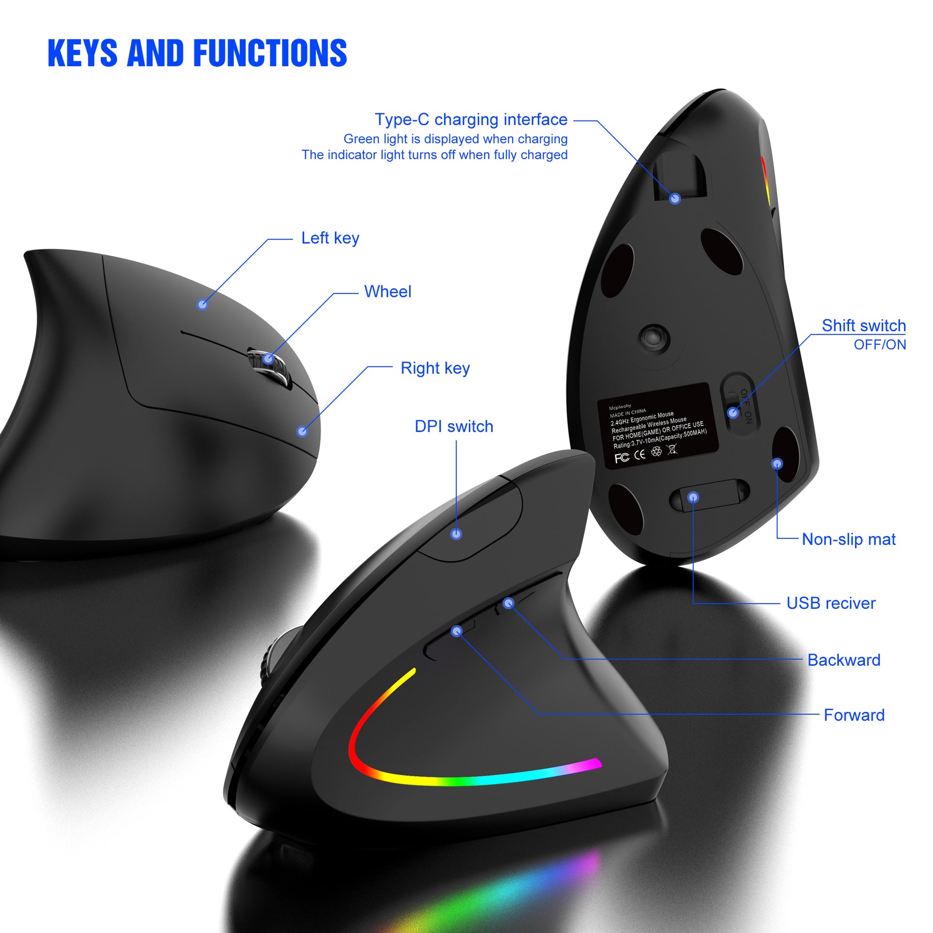 Ergonomic Vertical Wireless Mouse - 2.4G/Bluetooth, Rechargeable, RGB Light, 4 DPI Levels(white)