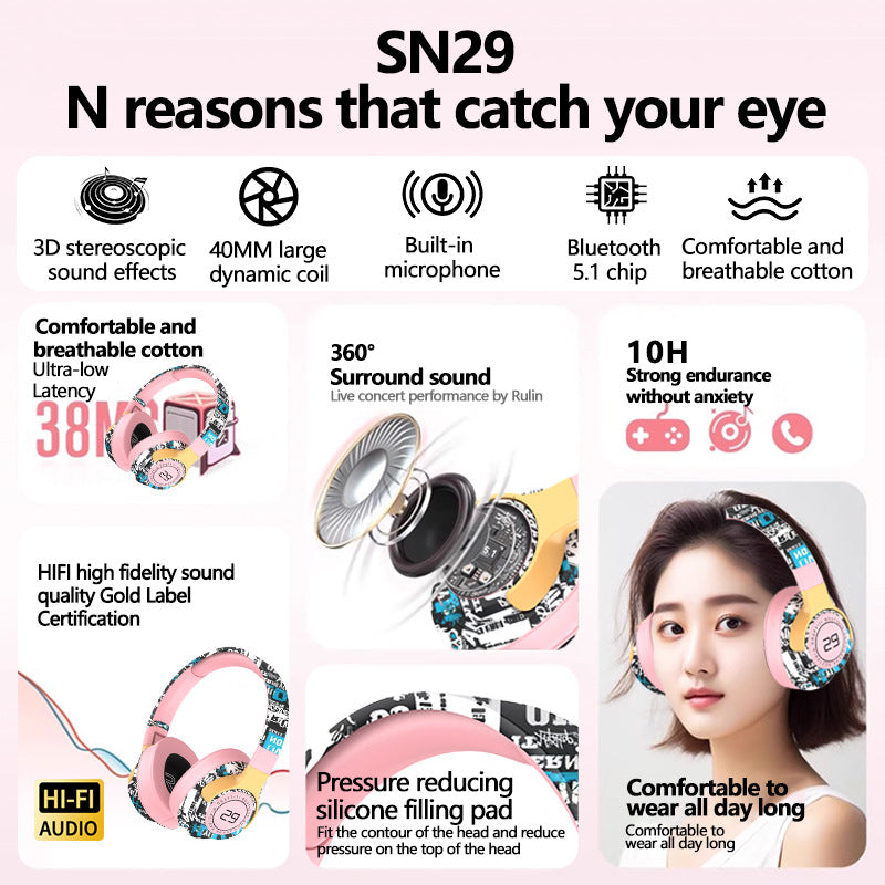 Trendy Graffiti Wireless Over-Ear Headphones - Bluetooth 5.1, HIFI 360 Surround Sound, 12H Playtime, Low Latency(black)