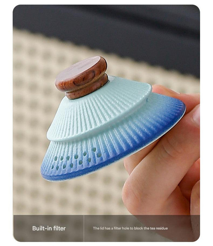 Artisan Ceramic Tea Pot with Built-in Strainer - 280ml, Gradient Finish & Wooden Accents(Yellow+red)