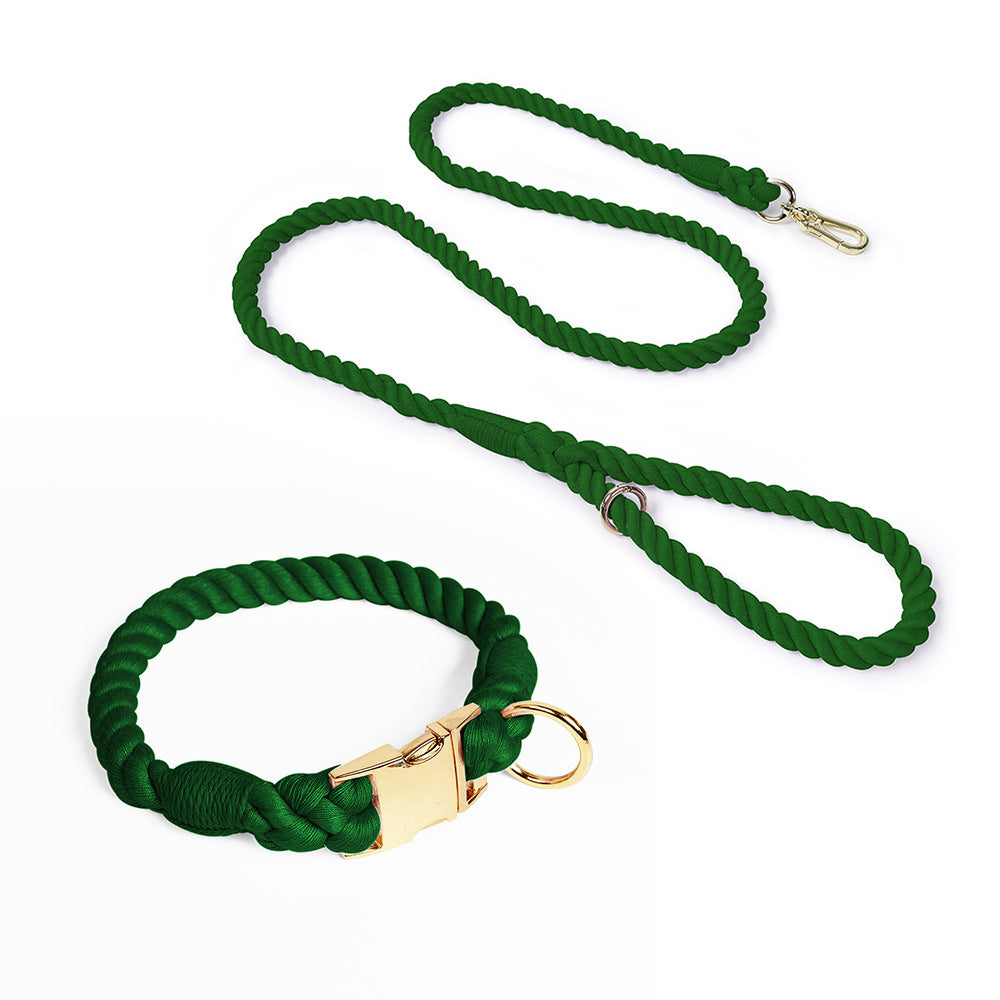 Handmade Gradient Rope Dog Collar & Leash Set - Colorful Braided Cotton (Dark green - Size M)