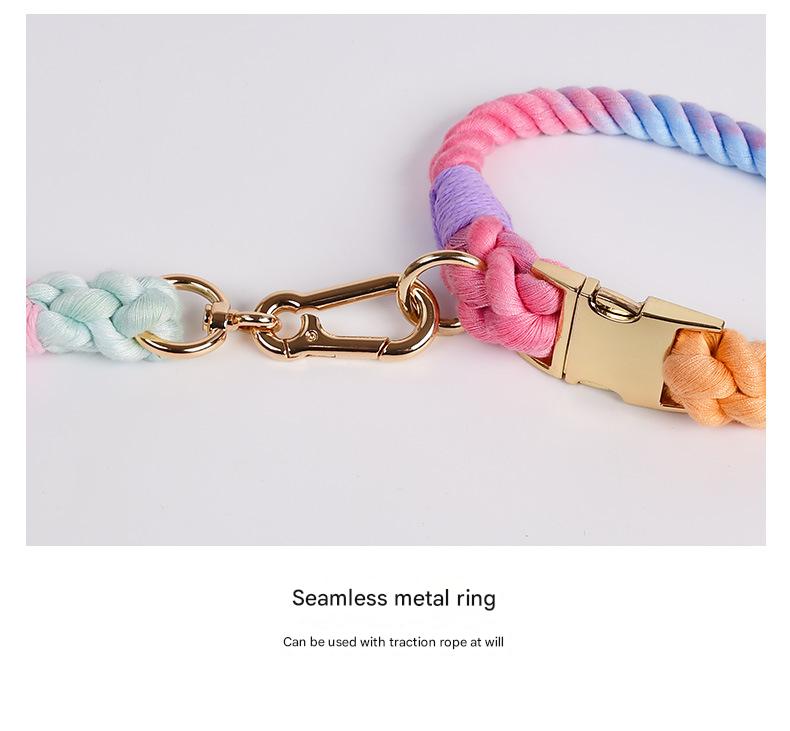 Handmade Gradient Rope Dog Collar & Leash Set - Colorful Braided Cotton (Pink - Size M)
