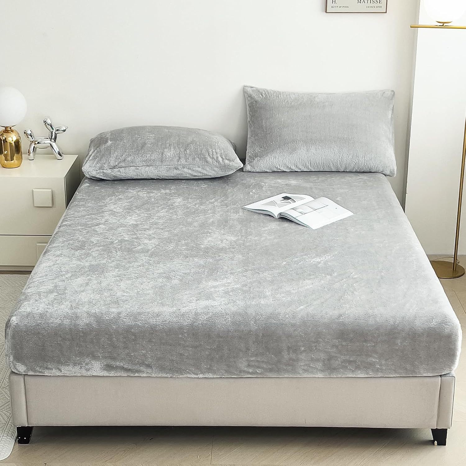 Light Gray Plush Crystal Velvet Fitted Sheet - Ultra Soft, Warm & Thick for Winter (198x203+36cm)