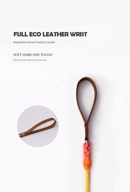 Premium Leather Pet Collar and Leash - Soft, Strong Braided Rope (Pink green - Size S)