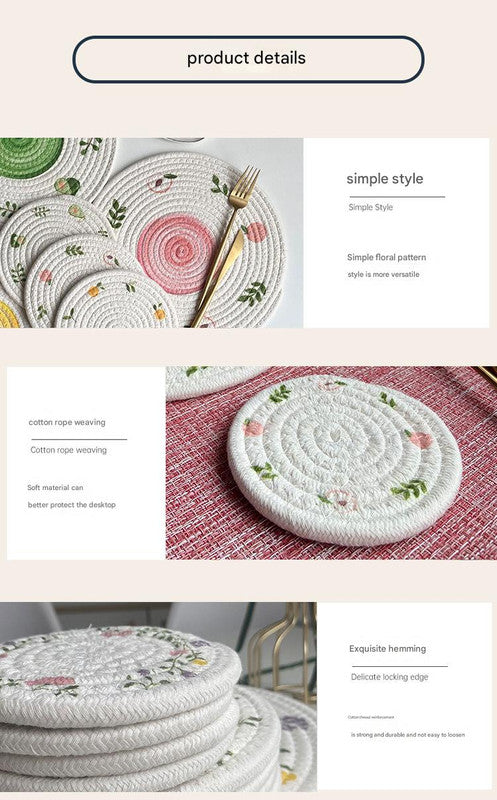 (Flowers) Cotton Rope Woven Placemats - Set of 5, 18cm Diameter Heat Resistant Kitchen Decor