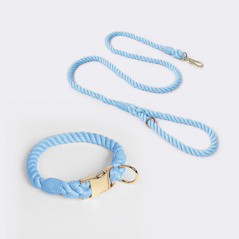 Handmade Rope Dog Collar and Leash Set - Colorful Woven Cotton Cotton (Sky blue - Size M)