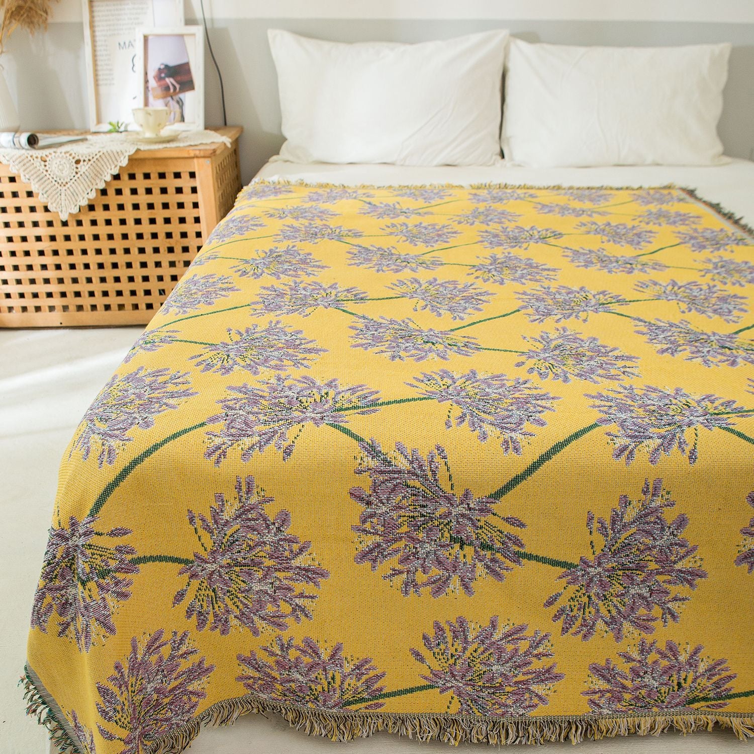 Yellow & Purple  Floral Woven Throw Blanket -  Chic Botanical Print with Tassels, Cotton Blend Sofa & Bed Cover