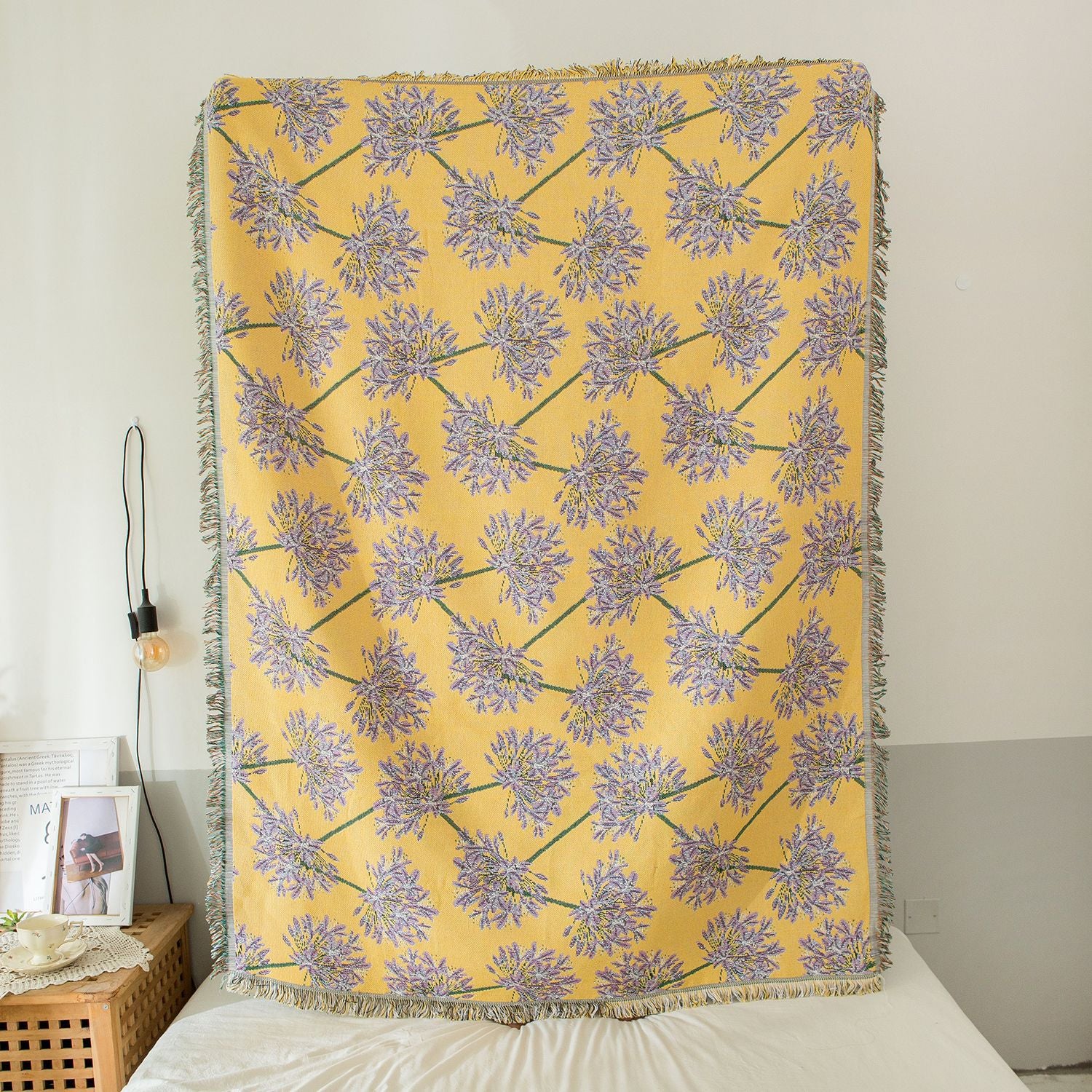 Yellow & Purple  Floral Woven Throw Blanket -  Chic Botanical Print with Tassels, Cotton Blend Sofa & Bed Cover