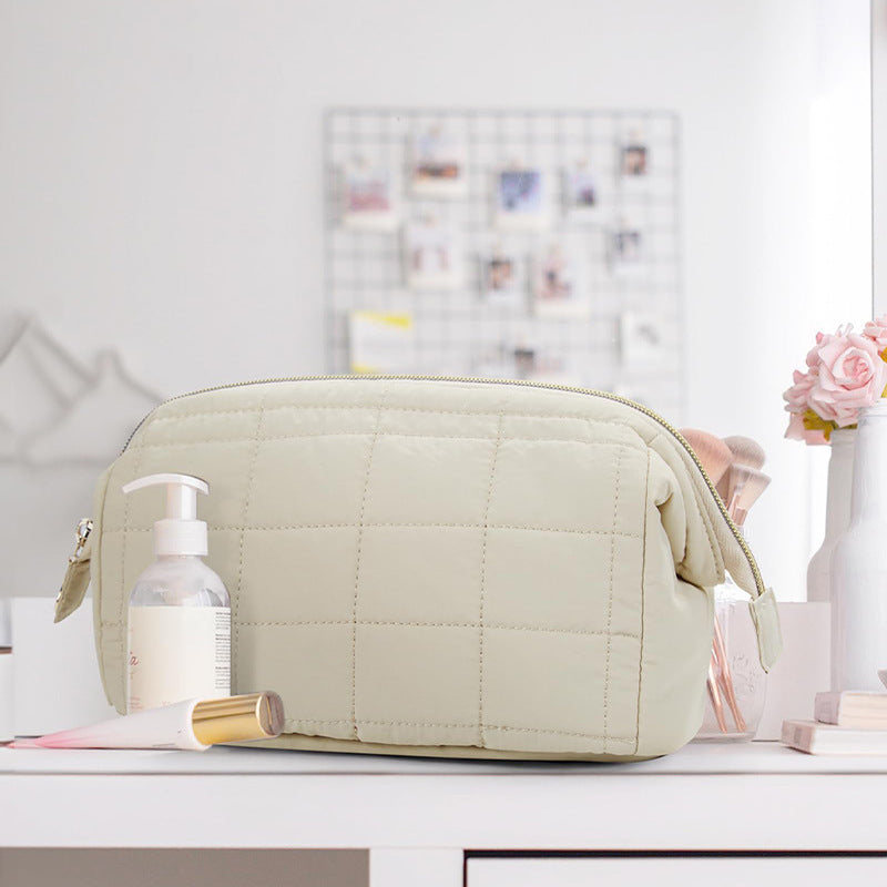 Beige Chic Quilted Puffer Makeup Bag - Large Capacity Travel Cosmetic Organizer with Wide Opening