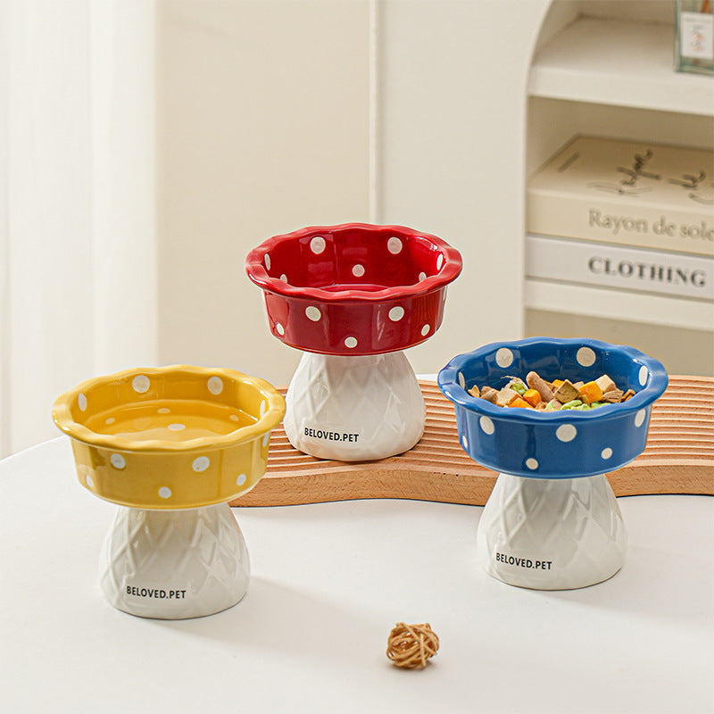 Blue Adorable Mushroom Ceramic Elevated Cat Bowl - Anti-Vomiting & Spine Protecting Pet Feeder with Polka Dots