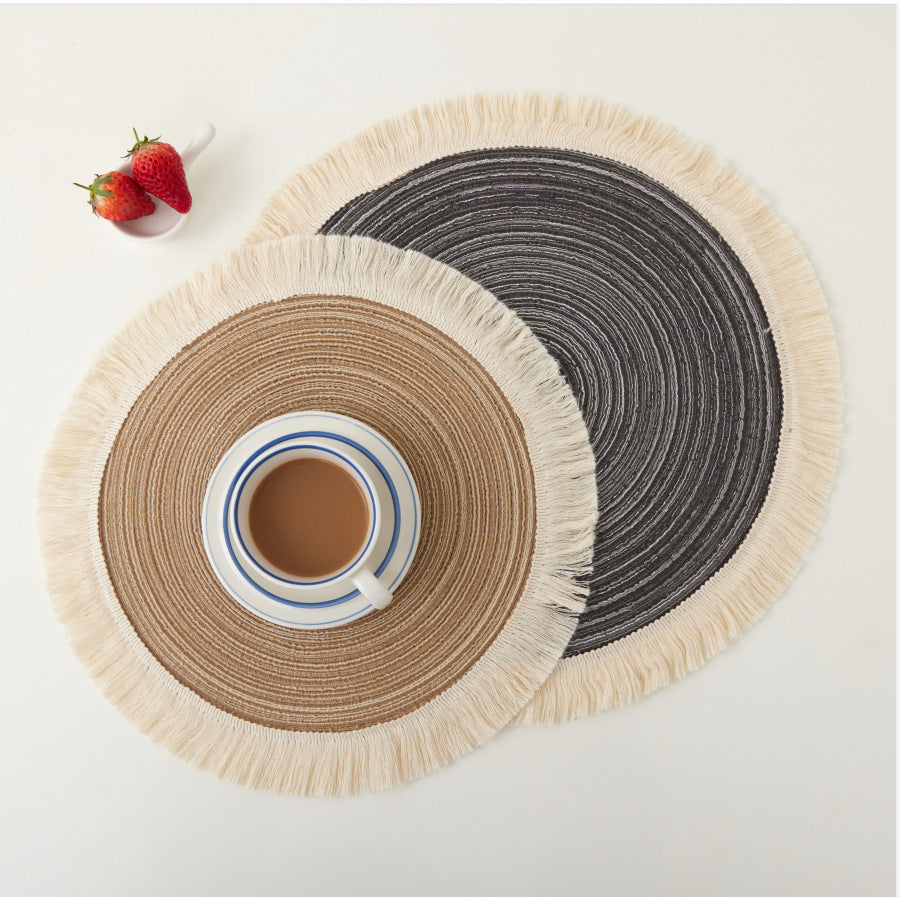 Blue Chic Round Woven Placemats with Tassel Fringe - Set of 4, Cotton Ramie Blend, Heat Resistant Table Mats