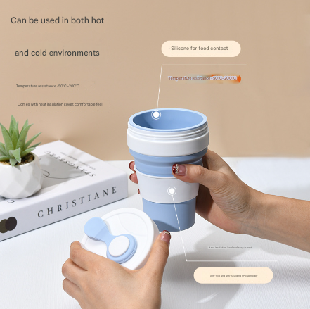 2 Pcs Light Blue 350ml Collapsible Silicone Travel Cup - Portable, Leak-Proof & Food-Grade Drinking Mug with Lid, Insulating Sleeve & Straw