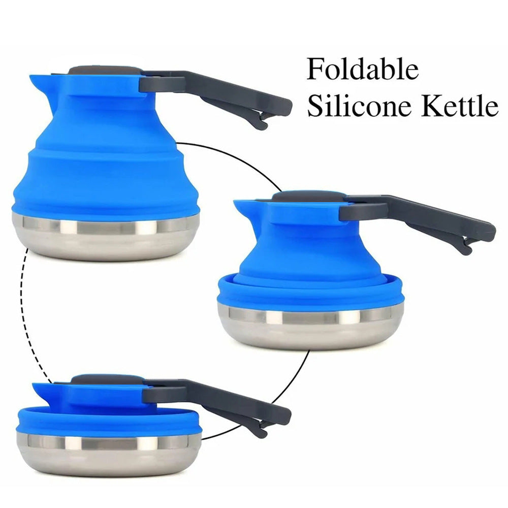 Blue 1.5L Collapsible Silicone Camping Kettle - Portable Foldable Travel Water Boiler, Stainless Steel Base