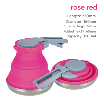 Rose Red 1.5L Collapsible Silicone Camping Kettle - Portable Foldable Travel Water Boiler, Stainless Steel Base