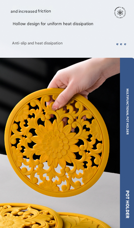 Elegant Floral Silicone Trivet Mat Set (3-Pack, Yellow) - Heat Resistant, Non-Slip Kitchen Hot Pads & Pot Holders