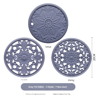 Elegant Floral Silicone Trivet Mat Set (3-Pack, Grey) - Heat Resistant, Non-Slip Kitchen Hot Pads & Pot Holders