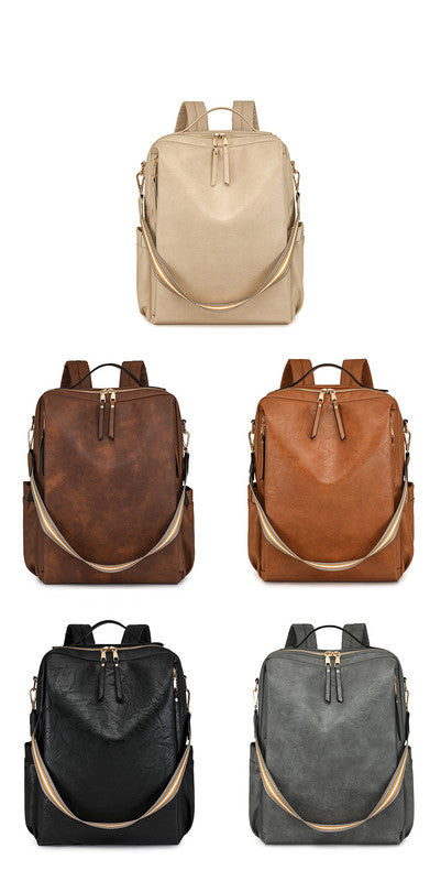 Beige Women's Vintage PU Leather Anti-Theft Backpack - Convertible Shoulder Bag & Laptop Rucksack for Travel & Daily Use