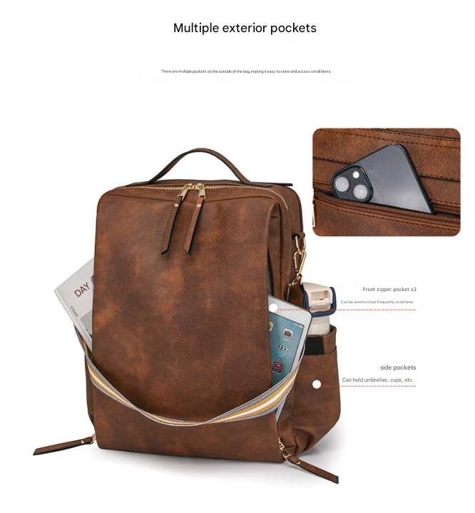 Grey Women's Vintage PU Leather Anti-Theft Backpack - Convertible Shoulder Bag & Laptop Rucksack for Travel & Daily Use