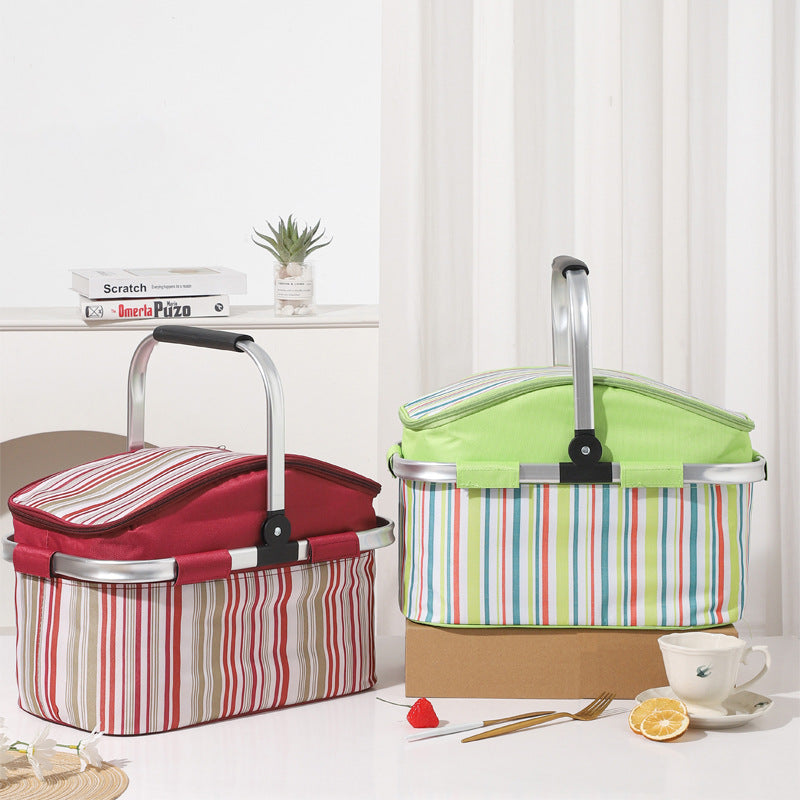 Green and Colored Stripes Large 27L Foldable Insulated Picnic Basket Cooler Bag - Lightweight Thermal Hamper with Aluminum Handles for Outdoor, Shopping & Camping