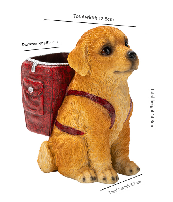 Blue Backpack Charming Golden Retriever Puppy Pen Holder - Resin Desktop Organizer & Decorative Figurine