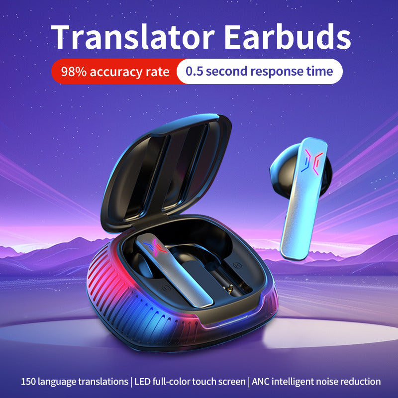 Black Smart AI Translator Earbuds - Bluetooth 5.3, Noise Reduction & LED Charging Case