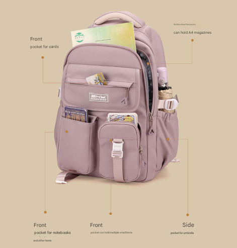 Light Purple Large Capacity Waterproof Student Backpack - Fits 15-Inch Laptop, Multi-Pocket Travel Daypack