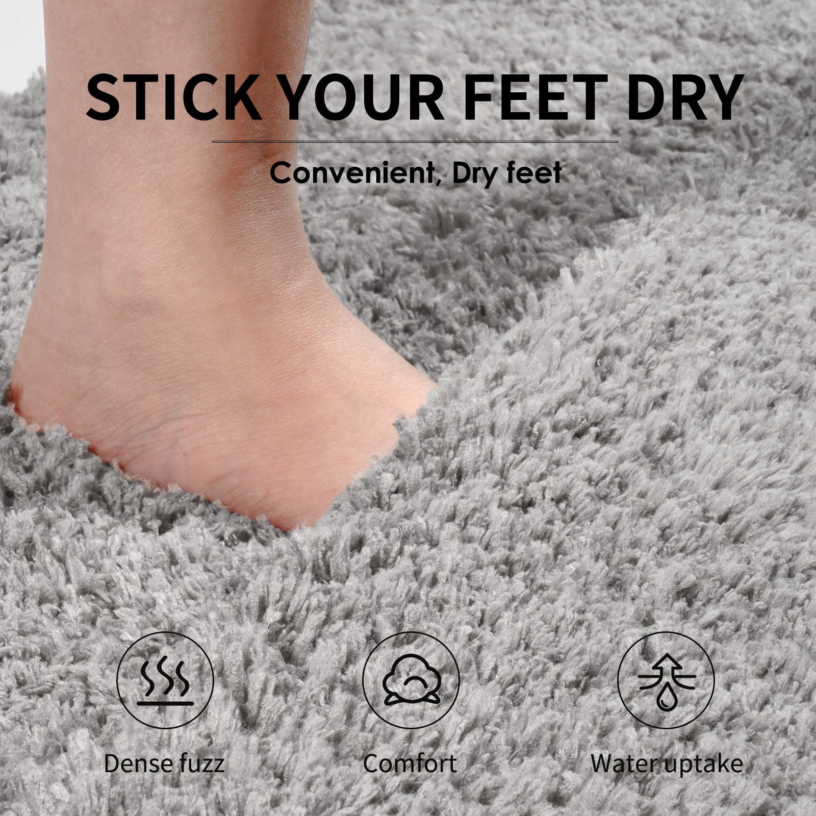 Grey Ultra Absorbent Plush Bath Mat - Non-Slip Bathroom Rug with Innovative Foot Drying Pocket