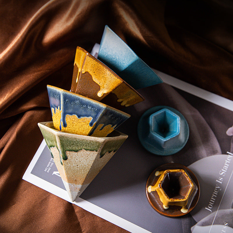 Beige and Green Artistic Hexagonal Ceramic Coffee Cup & Stand Set - 180ml Nordic Design Drip Glaze Mug
