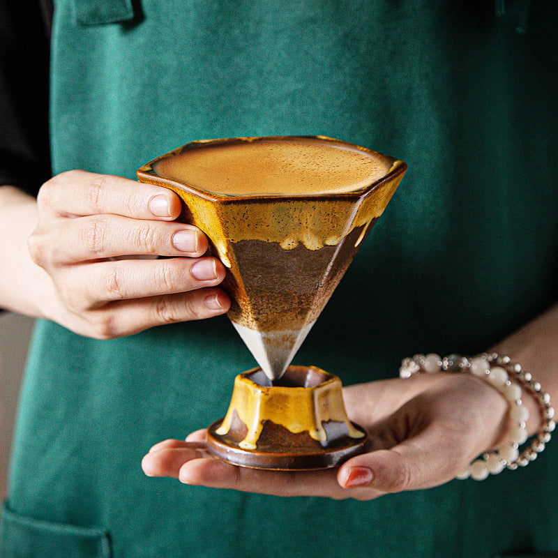 Beige and Green Artistic Hexagonal Ceramic Coffee Cup & Stand Set - 180ml Nordic Design Drip Glaze Mug