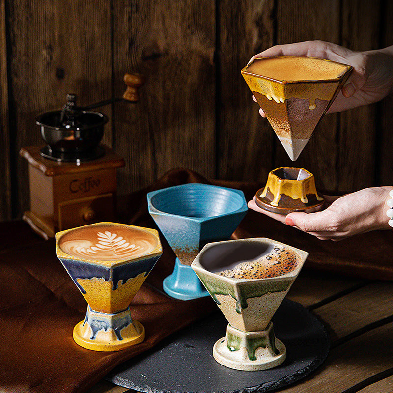 Blue and Brown Artistic Hexagonal Ceramic Coffee Cup & Stand Set - 180ml Nordic Design Drip Glaze Mug