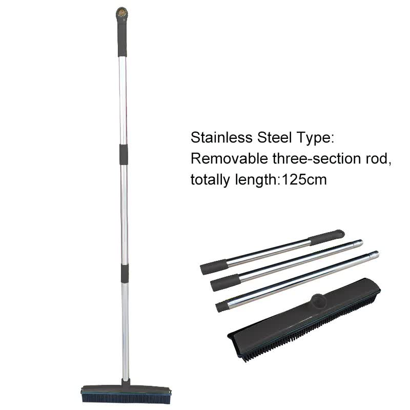 Black and Silver Versatile Pet Hair Remover Rubber Broom & Squeegee - 125cm Adjustable Stainless Steel Handle for Carpets, Floors & Windows