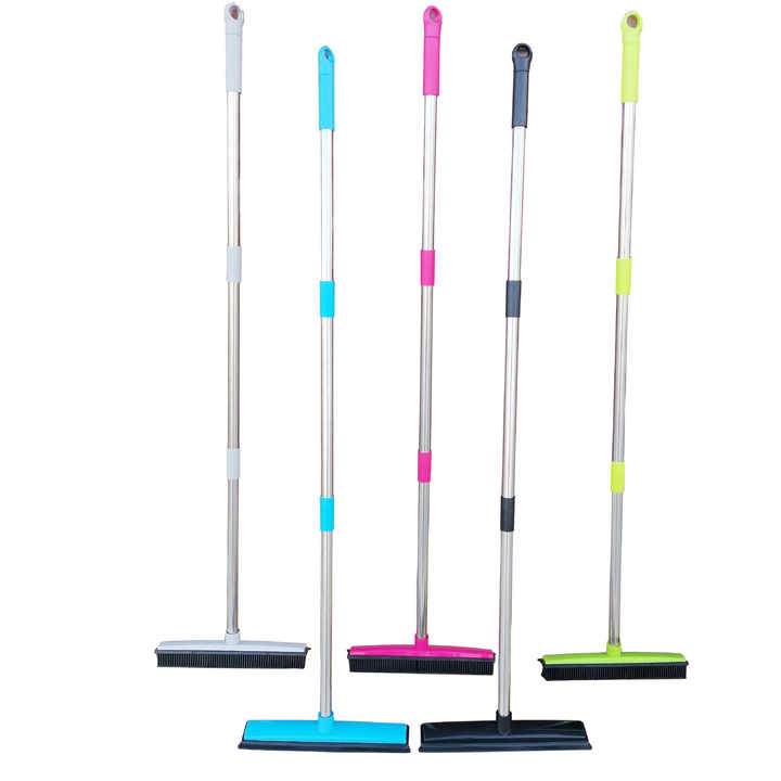 Black and Silver Versatile Pet Hair Remover Rubber Broom & Squeegee - 125cm Adjustable Stainless Steel Handle for Carpets, Floors & Windows