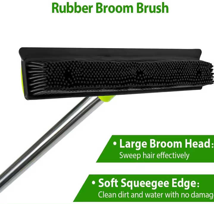 Black and Silver Versatile Pet Hair Remover Rubber Broom & Squeegee - 125cm Adjustable Stainless Steel Handle for Carpets, Floors & Windows