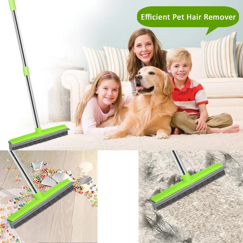 Blue and Silver Versatile Pet Hair Remover Rubber Broom & Squeegee - 125cm Adjustable Stainless Steel Handle for Carpets, Floors & Windows