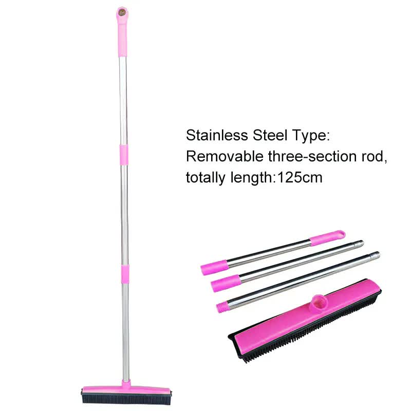 Pink and Silver Versatile Pet Hair Remover Rubber Broom & Squeegee - 125cm Adjustable Stainless Steel Handle for Carpets, Floors & Windows
