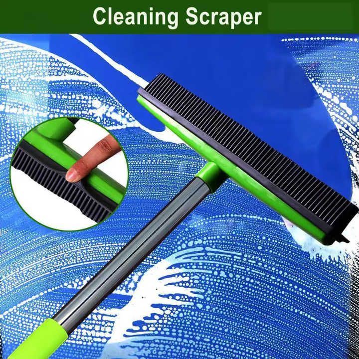 Pink and Silver Versatile Pet Hair Remover Rubber Broom & Squeegee - 125cm Adjustable Stainless Steel Handle for Carpets, Floors & Windows