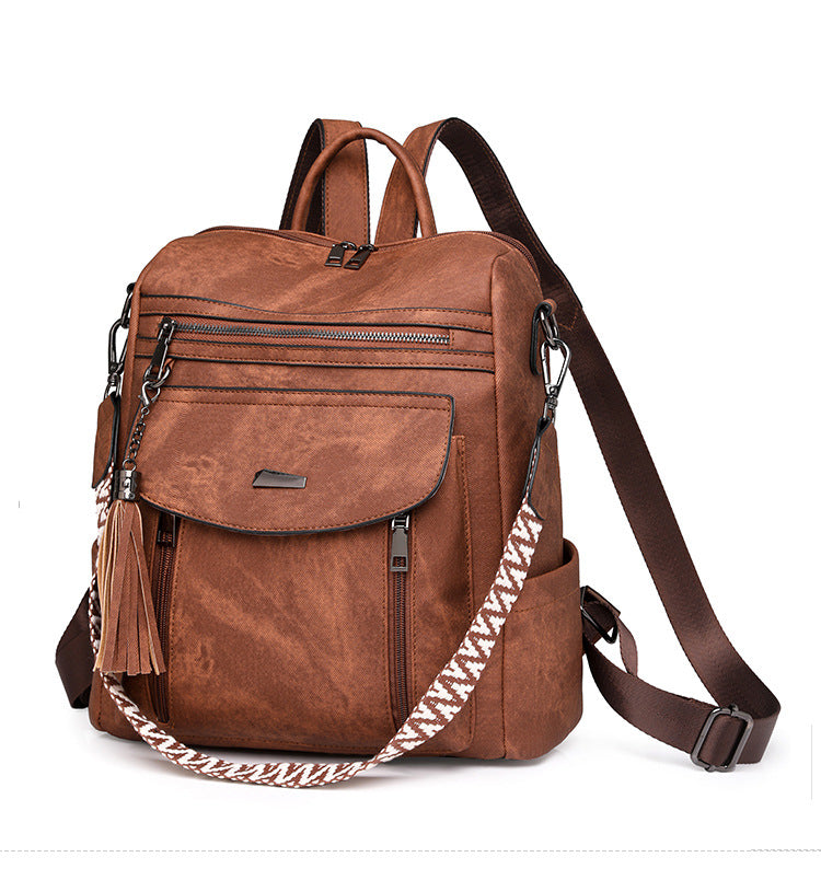 Brown Chic Women's PU Leather Convertible Backpack - Anti-Theft Design, Multi-Pocket Shoulder Bag with Tassel
