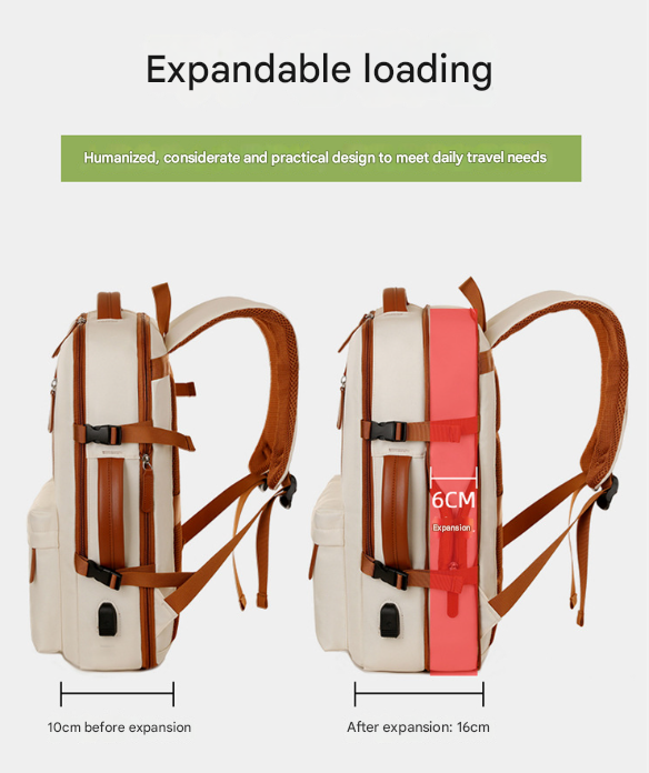 Beige Expandable Laptop Backpack with USB Port - Stylish Travel & Business Daypack
