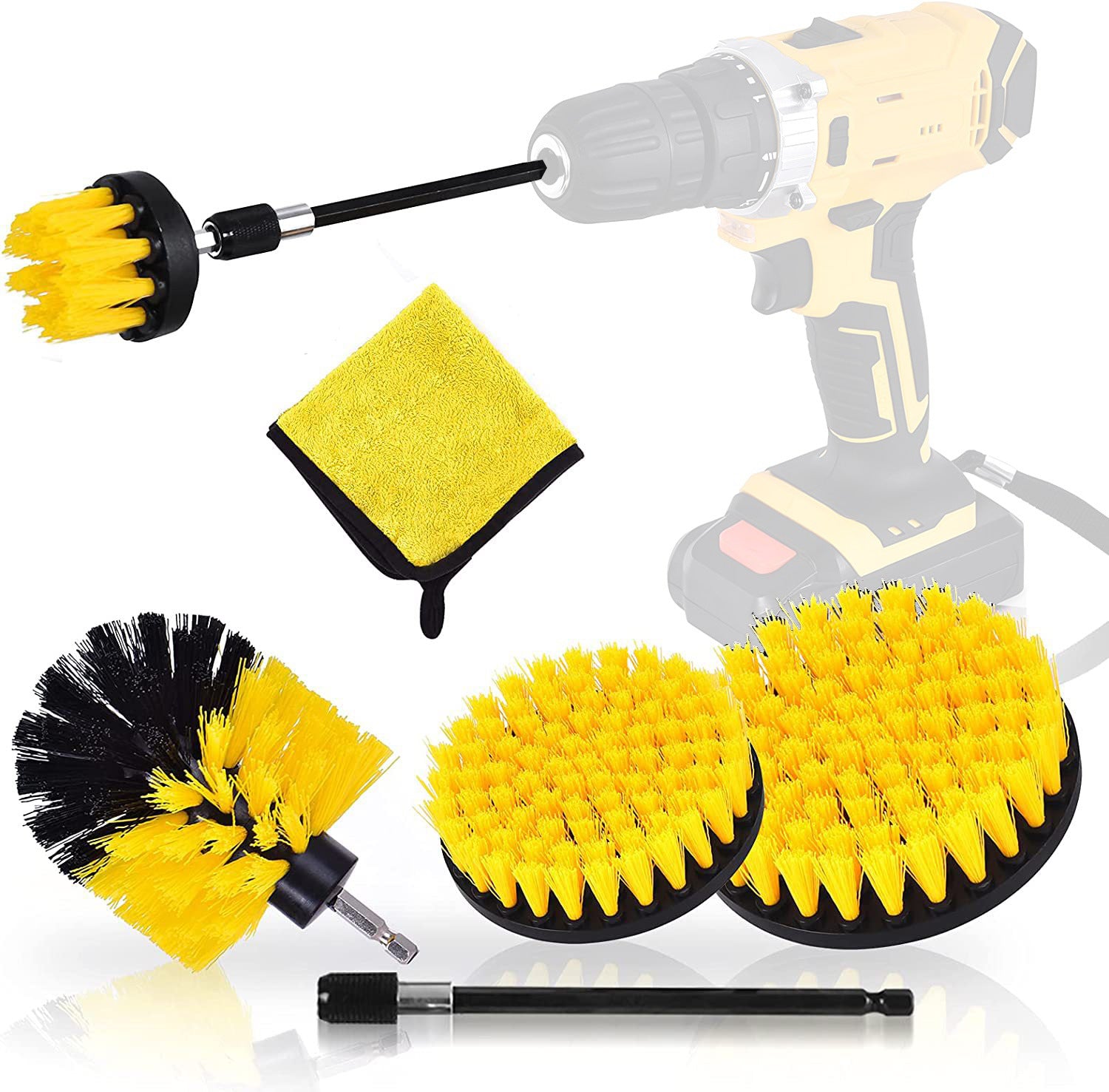 Yellow and Black  6 Pack Drill Brush Power Scrubber Cleaning Brush Extended Long Attachment Set All Purpose Drill Scrub Brushes Kit for Grout, Floor, Tub, Shower, Tile, Bathroom and Kitchen Surface