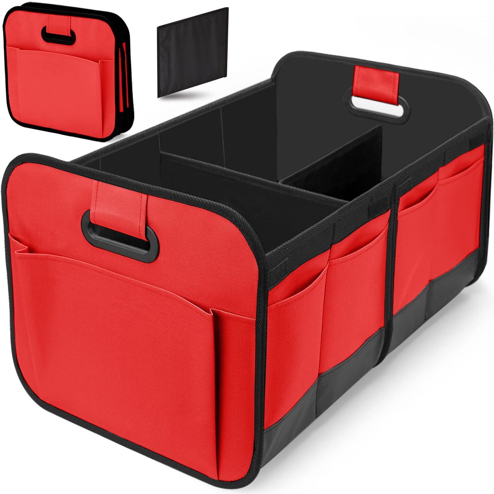 Red and Black Heavy Duty Collapsible Car Boot Organiser - Large 65L Waterproof Trunk Storage Box with Compartments for SUV & Car