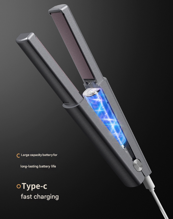 Dark Grey Compact Cordless Hair Straightener - Portable 2-in-1 Mini Flat Iron, USB-C Rechargeable for Travel & Touch-ups