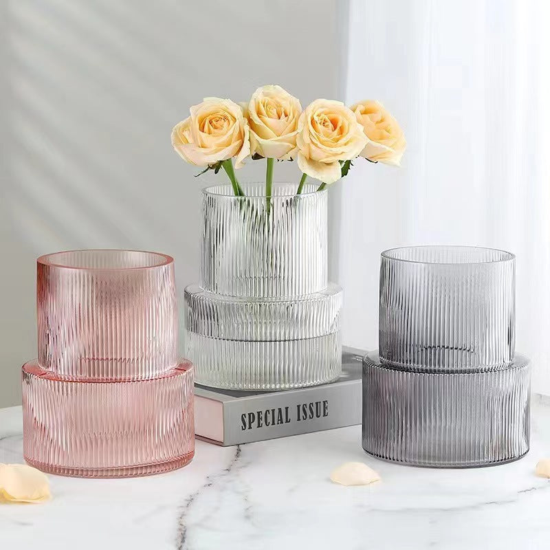 Grey Modern Two-Tier Ribbed Glass Vase - Elegant Cylindrical Flower Centrepiece for Home Decor