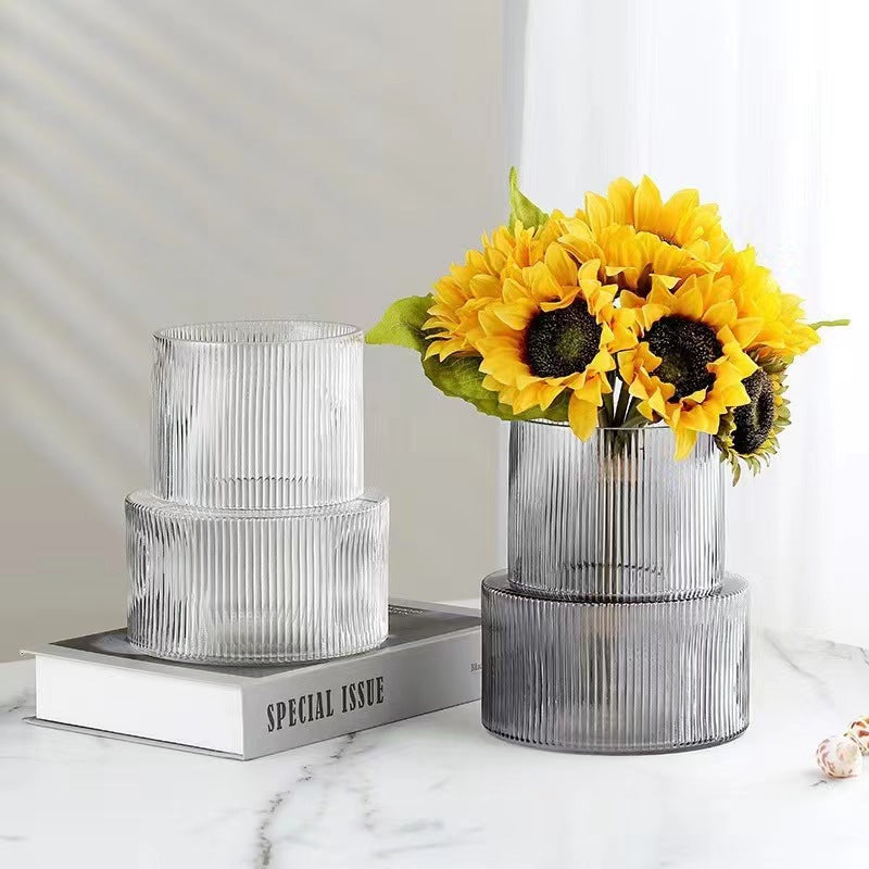 Grey Modern Two-Tier Ribbed Glass Vase - Elegant Cylindrical Flower Centrepiece for Home Decor